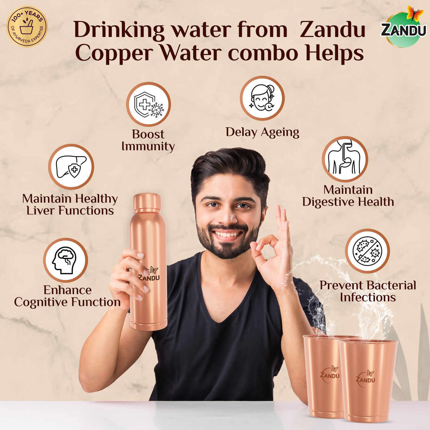 Zandu Copper Combo (Bottle + 2 Glasses)