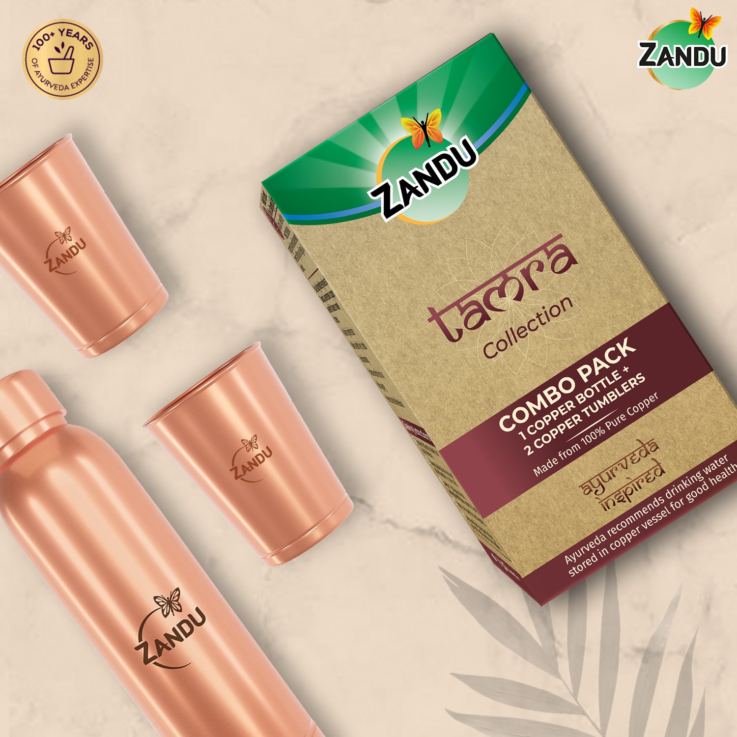 Zandu Copper Combo (Bottle + 2 Glasses)