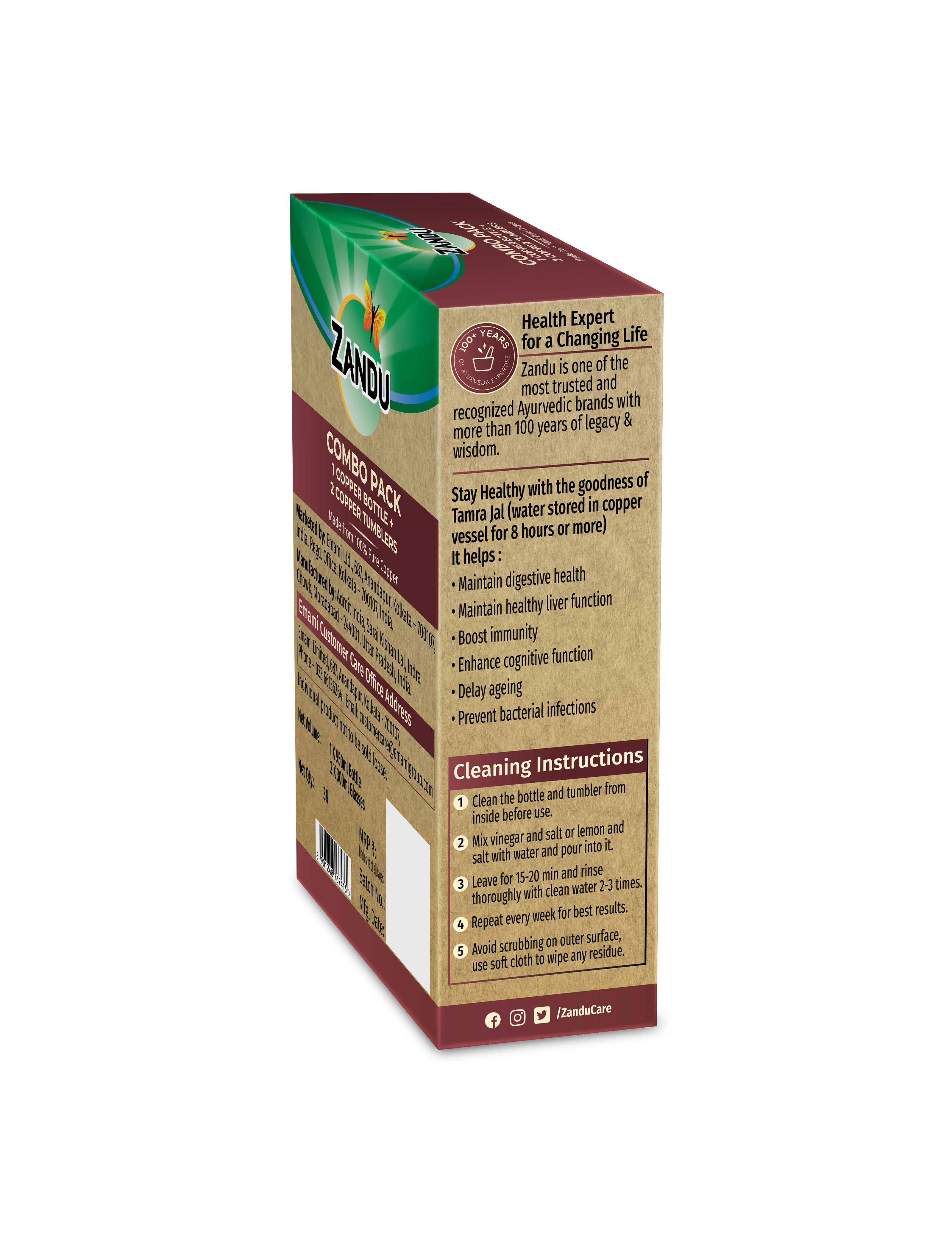 Zandu Copper Combo (Bottle + 2 Glasses)