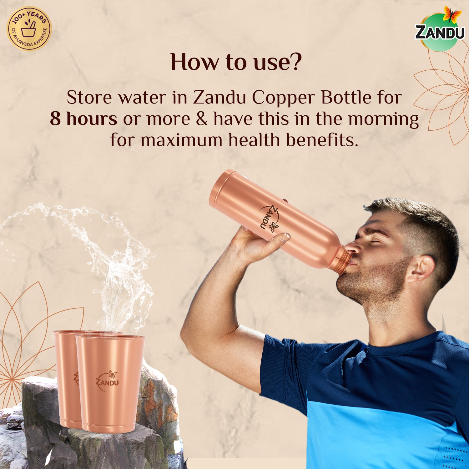 Zandu Copper Combo (Bottle + 2 Glasses)
