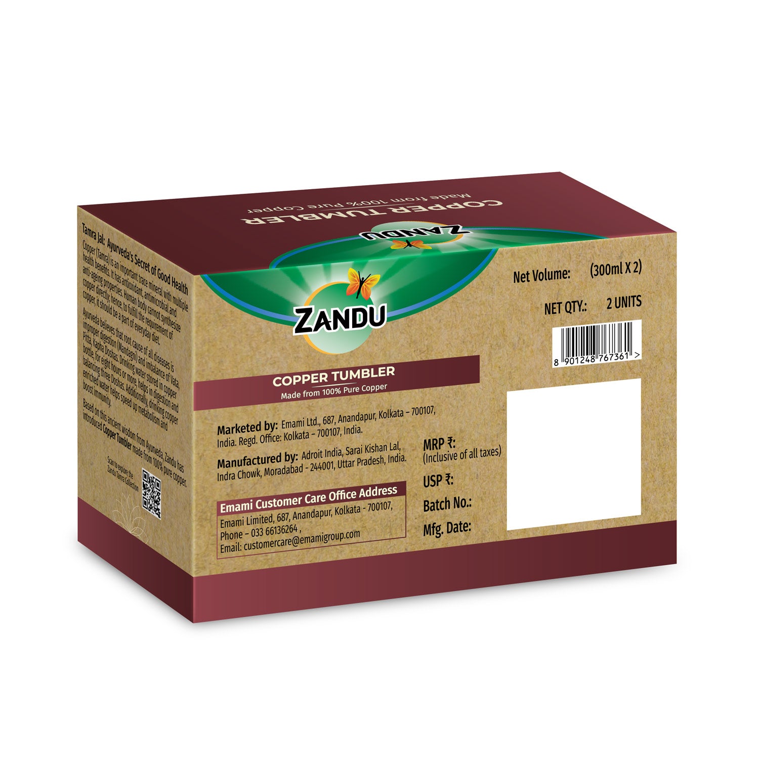 Zandu Copper Tumbler box