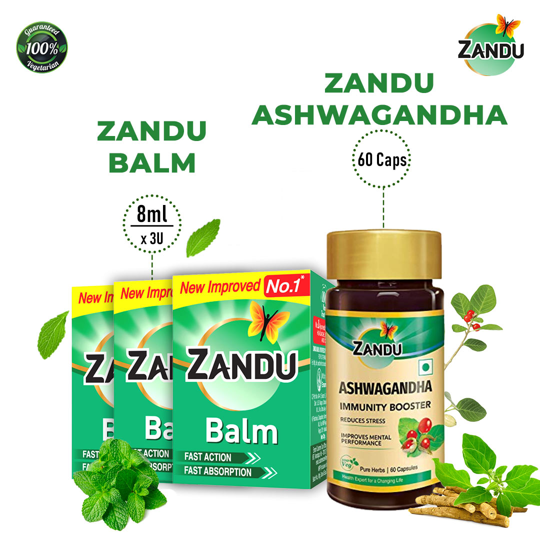 Zandu Balm Ointment (8ml Pack of 3) & Ashwa Gandha Caps (60 Units)
