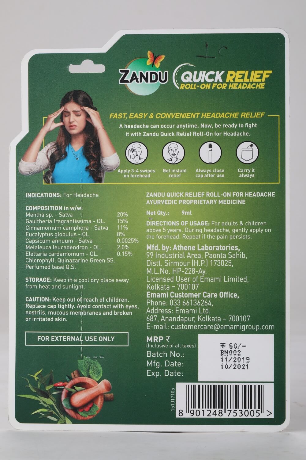 Zandu Ayurvedic Quick Relief Headache Roll-On