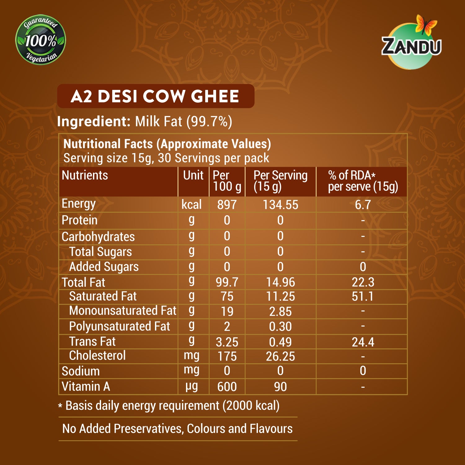 Zandu A2 Cow ghee Nutrients
