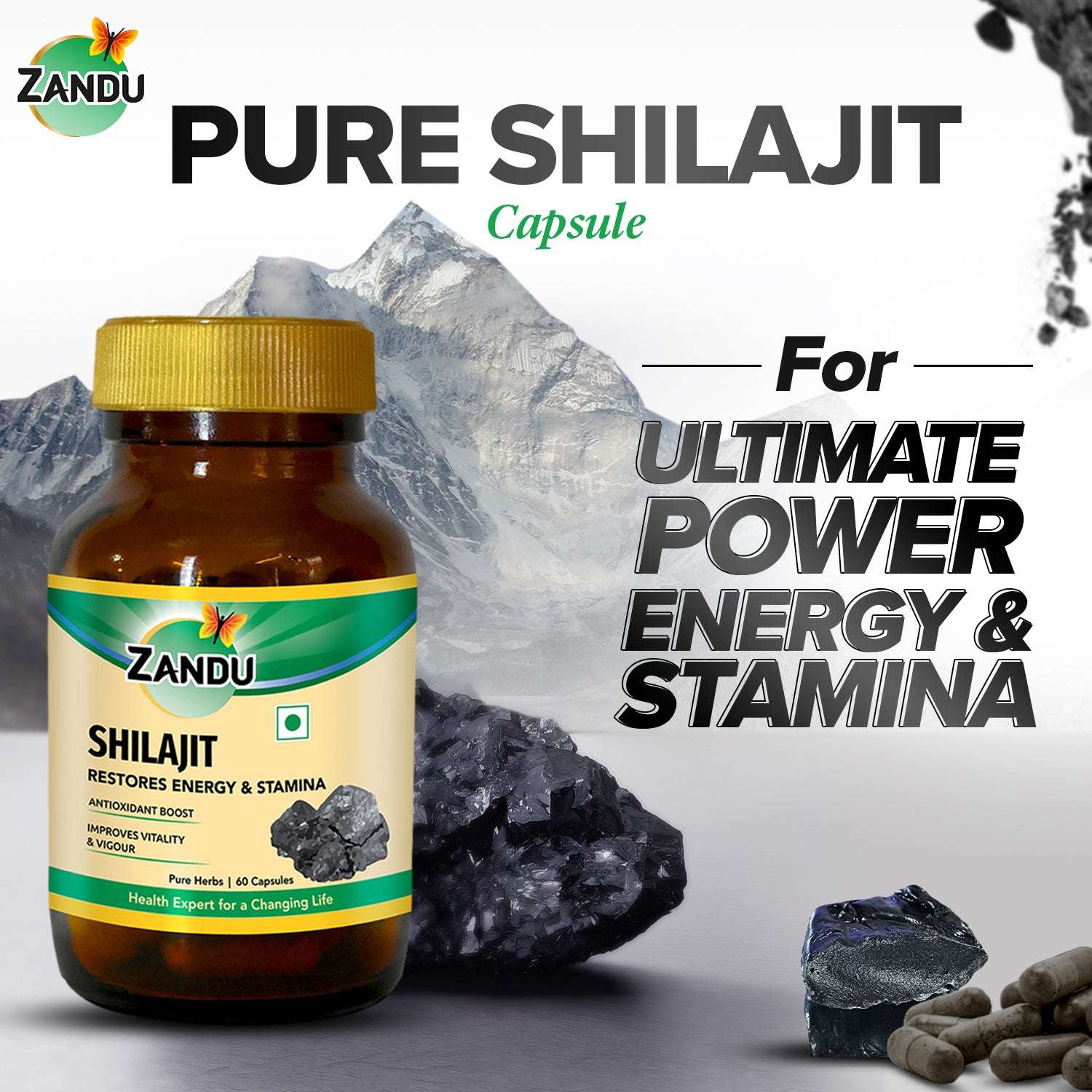 Zandu Shilajit Capsules with 100% Pure Himalayan Shilajit for Strength, Vigor & Vitality (60 Caps)