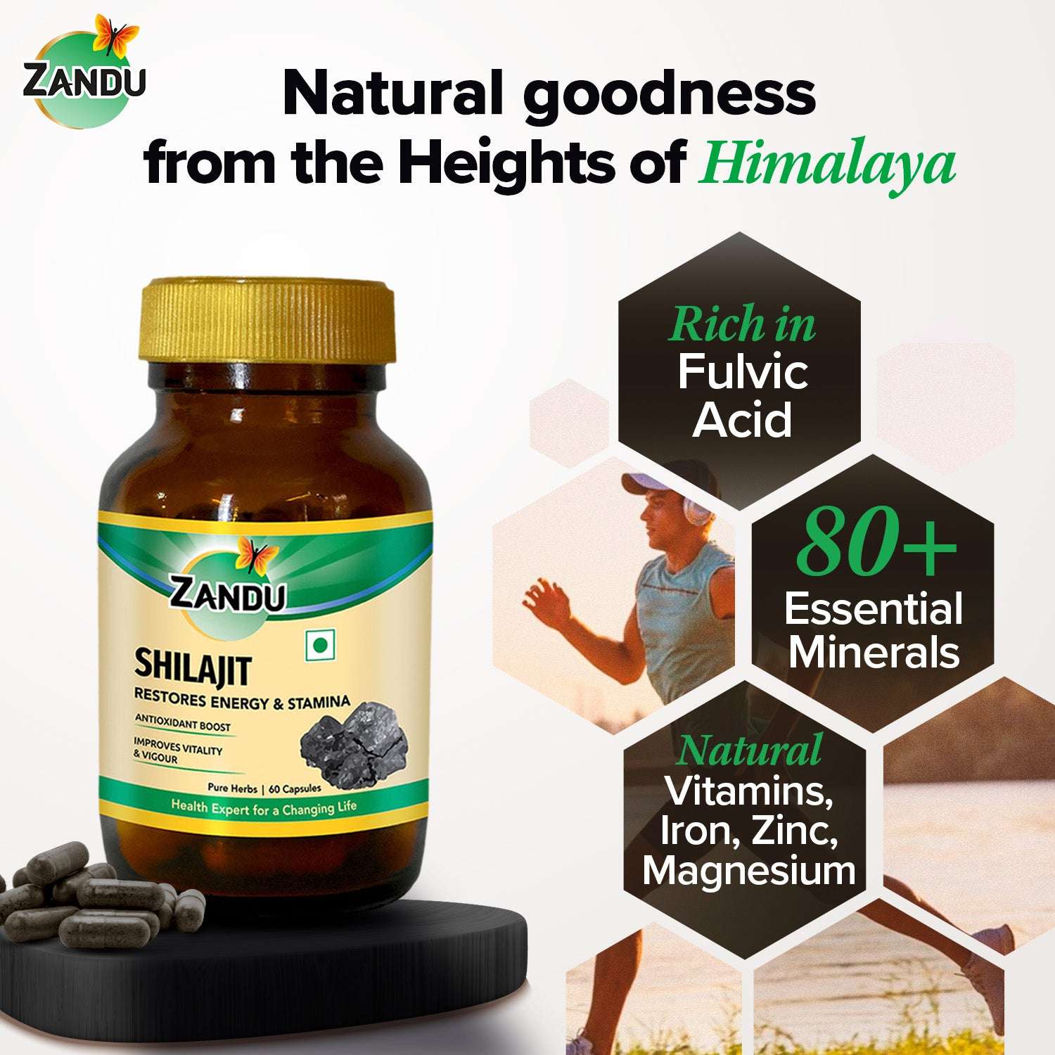 Zandu Shilajit Capsules with 100% Pure Himalayan Shilajit for Strength, Vigor & Vitality (60 Caps)