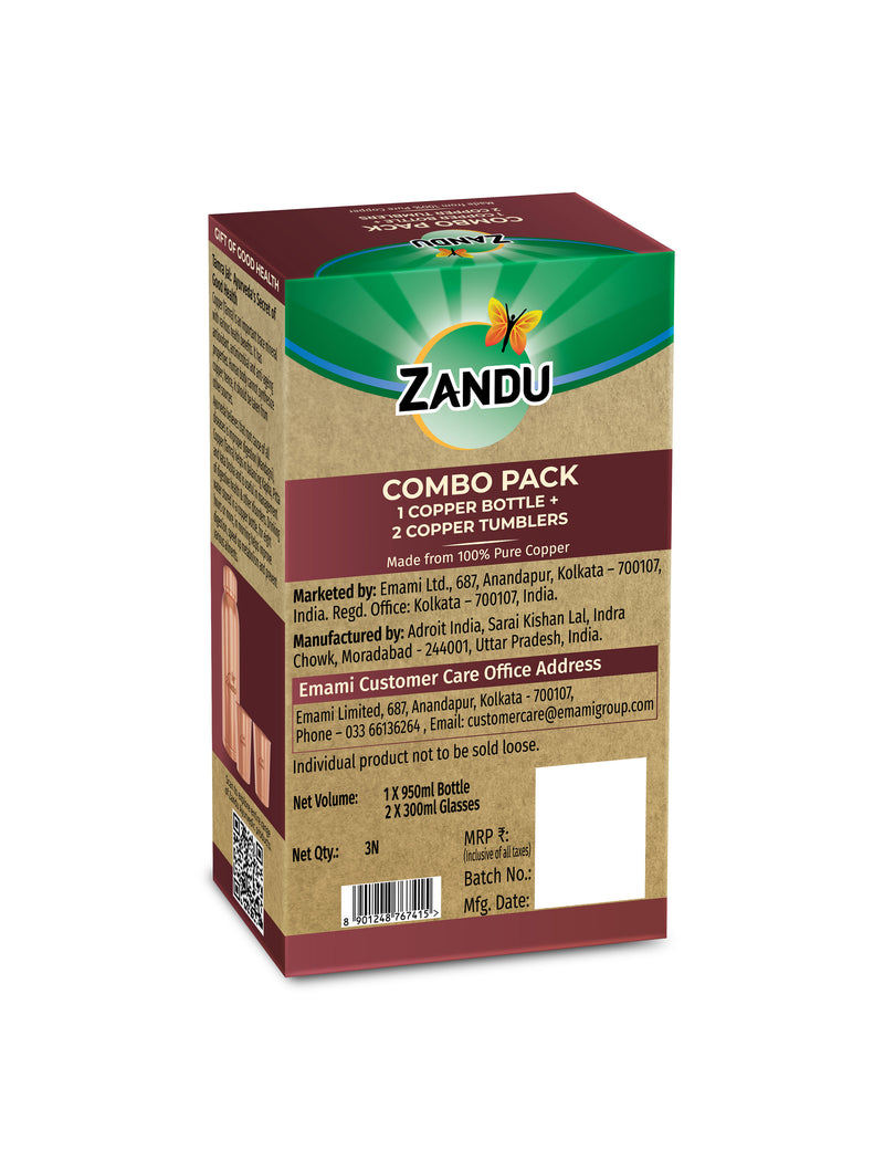 Zandu Copper Combo Pack (950ml Copper Bottle + 2x300ml Copper Tumblers)