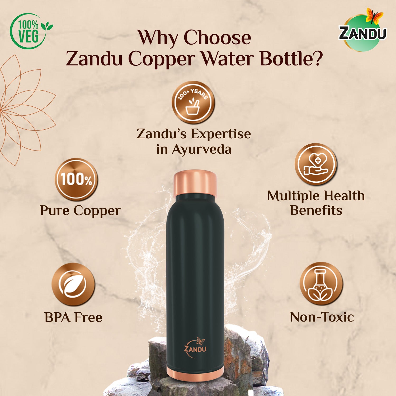 Zandu Copper Bottle (950ml) Green