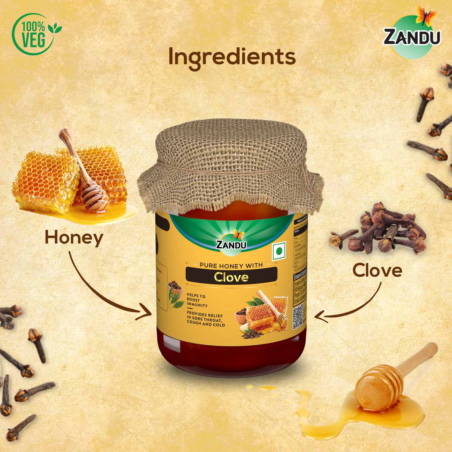 Zandu Pure Honey with Clove for Cough, Immunity & Cold (650g)