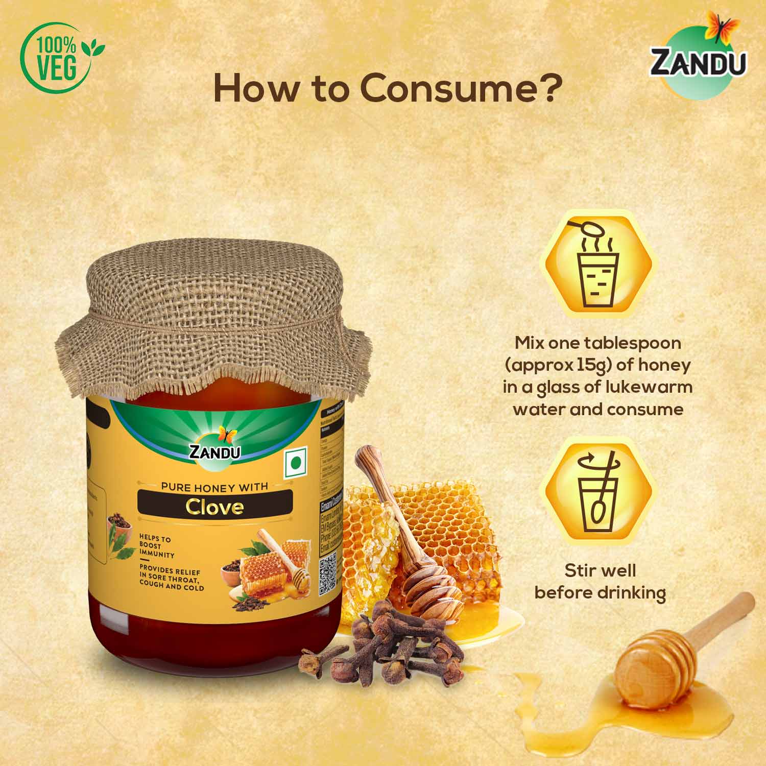 Zandu Pure Honey with Clove for Cough, Immunity & Cold (650g)