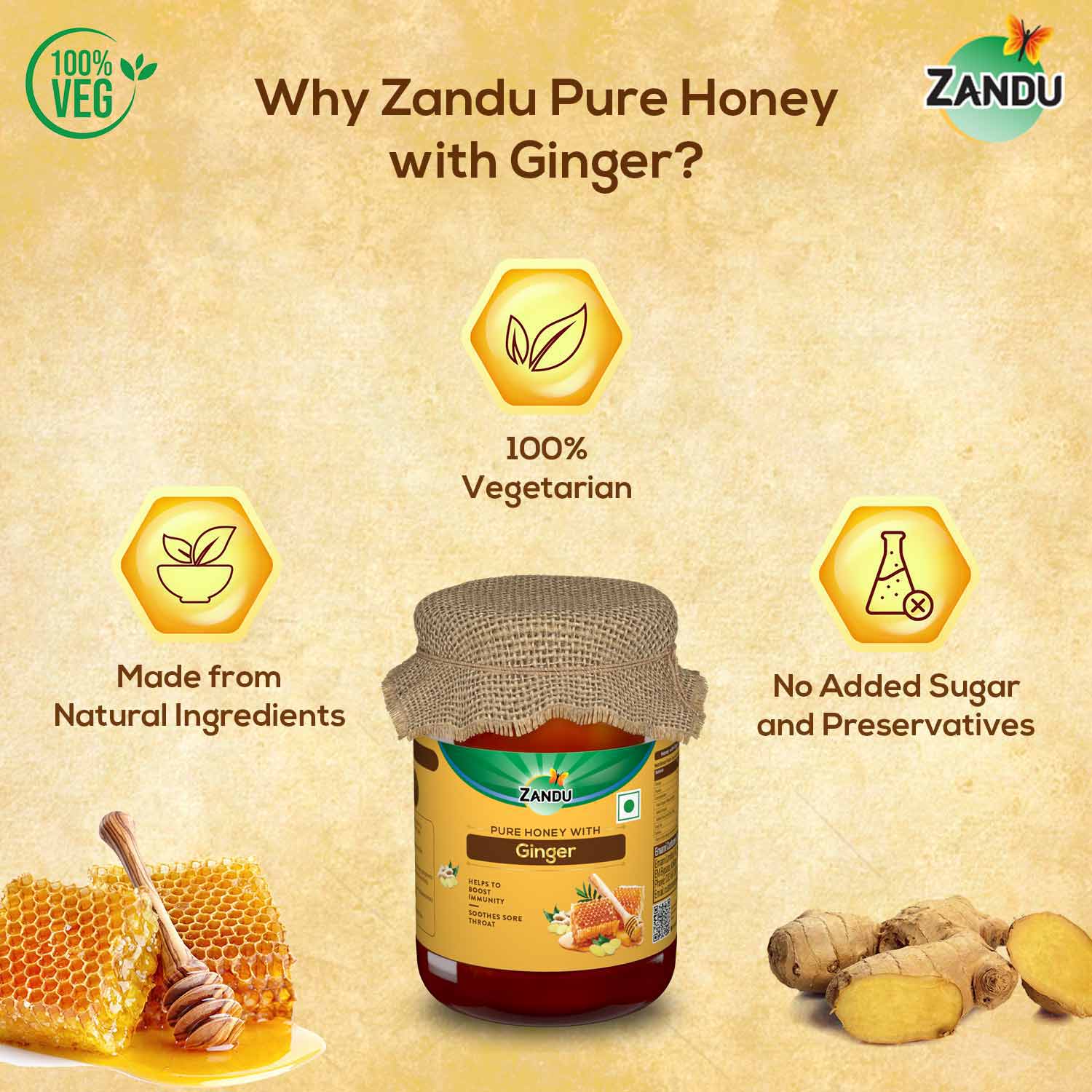 Zandu 100% Pure Ginger Honey 650g For Strong Immunity