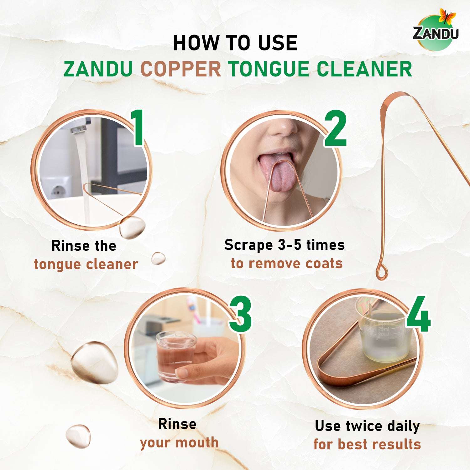 Zandu Copper Tongue Cleaner for Fresh Breath, Improved Taste Sense & Bacteria Removal
