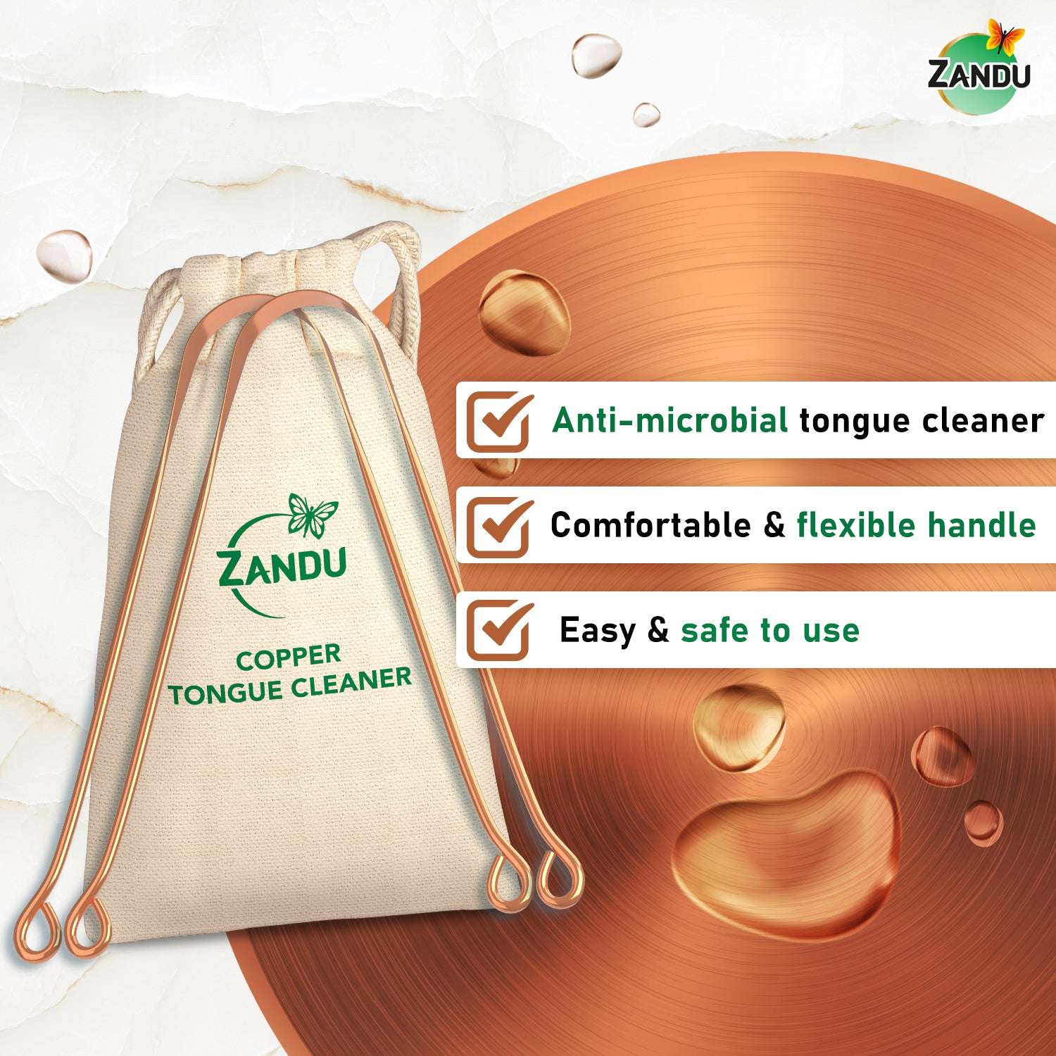 Zandu Copper Tongue Cleaner for Fresh Breath, Improved Taste Sense & Bacteria Removal