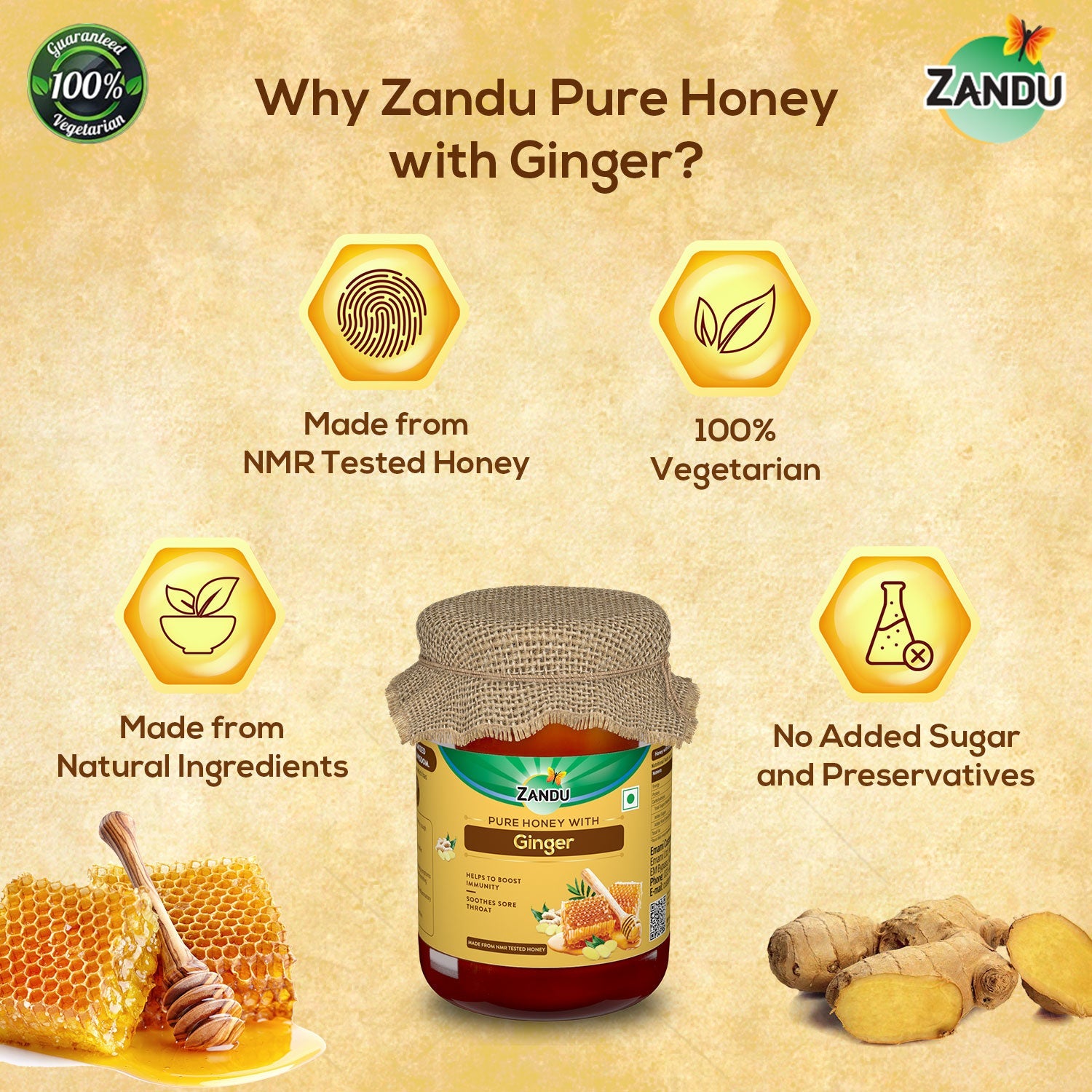 Pure Honey with Ginger (650g) & FREE Ginger Celery Herbal Infusion (25 Tea Bags)